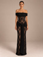Women’s Romantic Floral Lace Off-Shoulder Short Sleeve Sheath Maxi Dress with Sheer Detail and Draped Sash