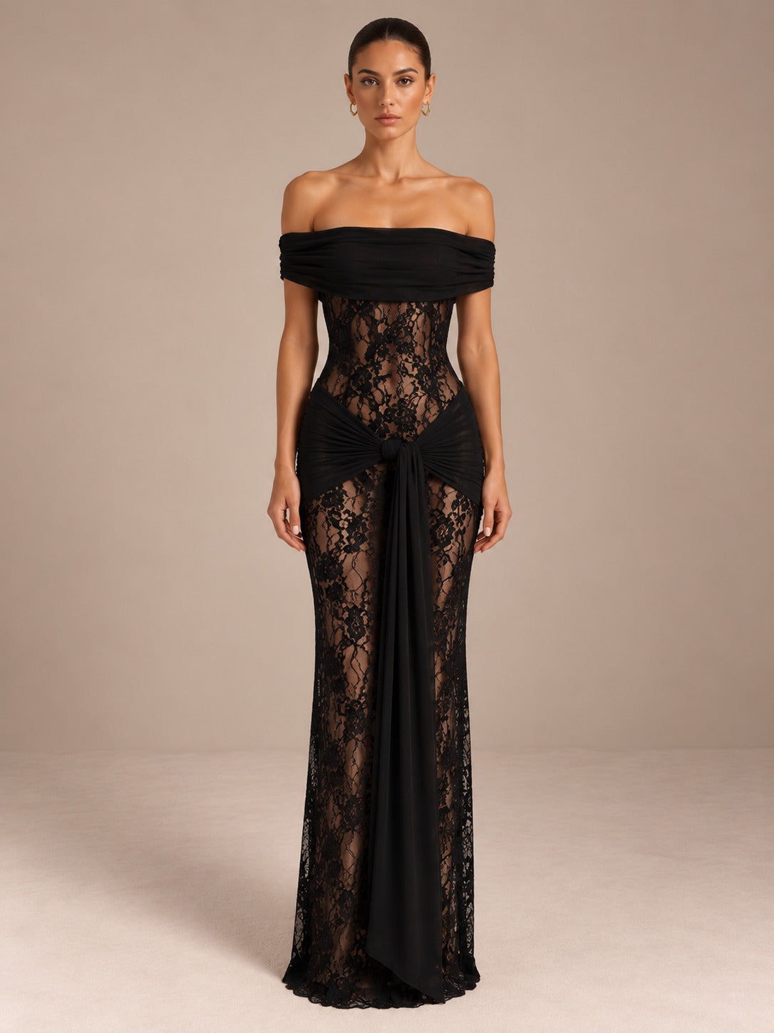 Women’s Romantic Floral Lace Off-Shoulder Short Sleeve Sheath Maxi Dress with Sheer Detail and Draped Sash