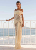 Women’s Romantic Floral Lace Off-Shoulder Short Sleeve Sheath Maxi Dress with Sheer Detail and Draped Sash