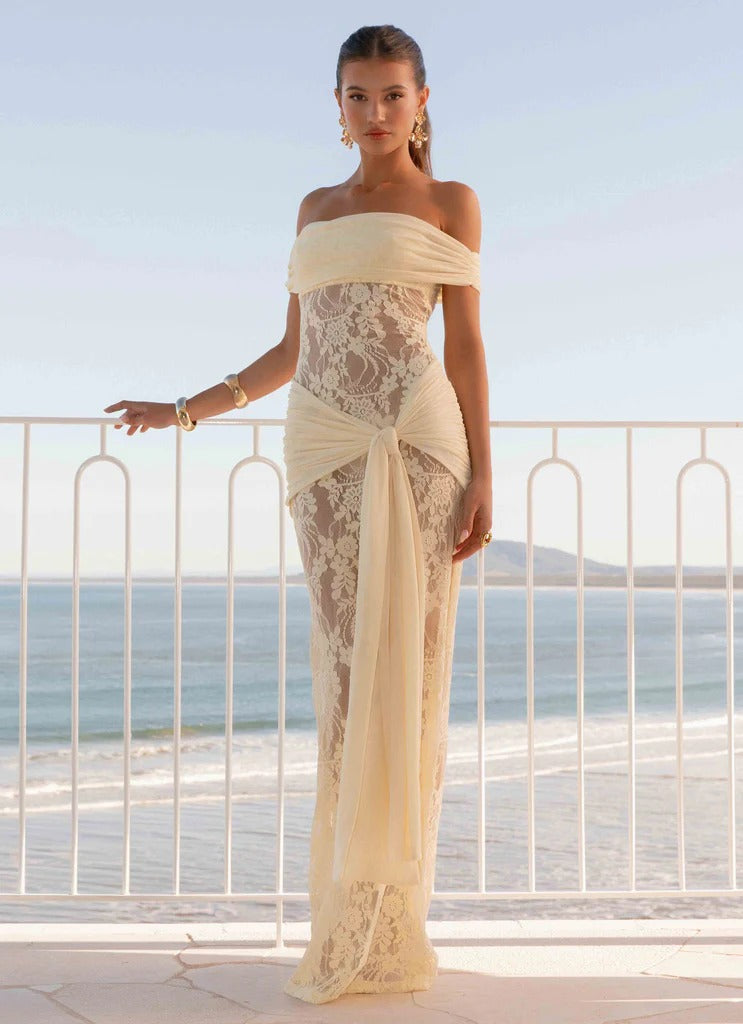 Women’s Romantic Floral Lace Off-Shoulder Short Sleeve Sheath Maxi Dress with Sheer Detail and Draped Sash