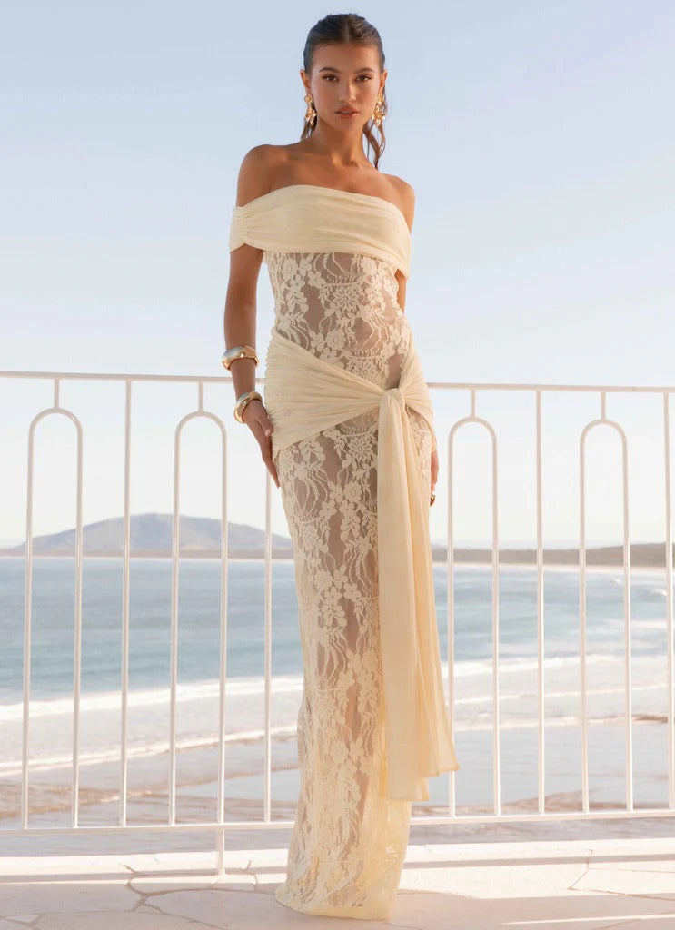 Women’s Romantic Floral Lace Off-Shoulder Short Sleeve Sheath Maxi Dress with Sheer Detail and Draped Sash