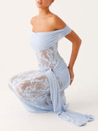 Women’s Romantic Floral Lace Off-Shoulder Short Sleeve Sheath Maxi Dress with Sheer Detail and Draped Sash