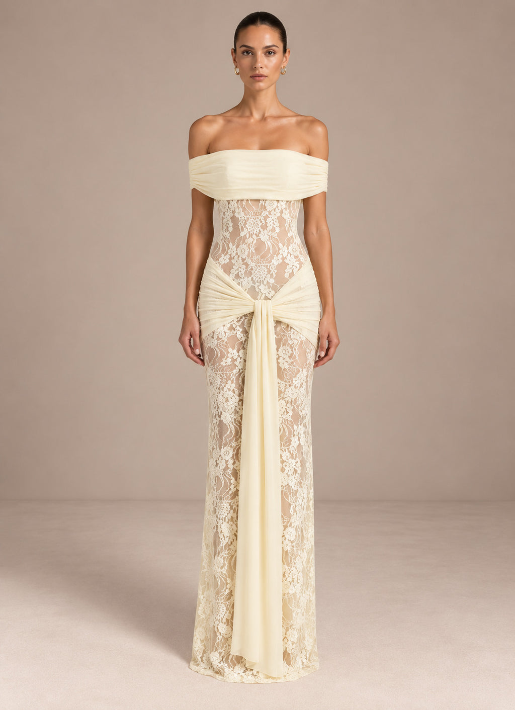 Women’s Romantic Floral Lace Off-Shoulder Short Sleeve Sheath Maxi Dress with Sheer Detail and Draped Sash