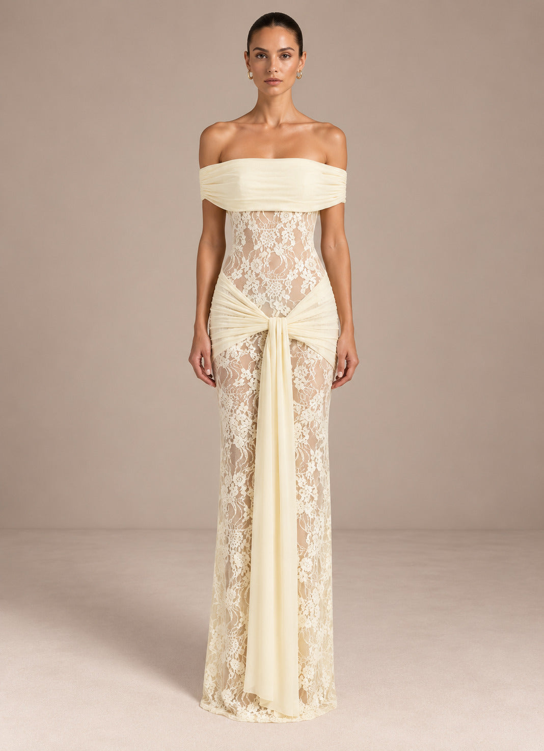 Women’s Romantic Floral Lace Off-Shoulder Short Sleeve Sheath Maxi Dress with Sheer Detail and Draped Sash