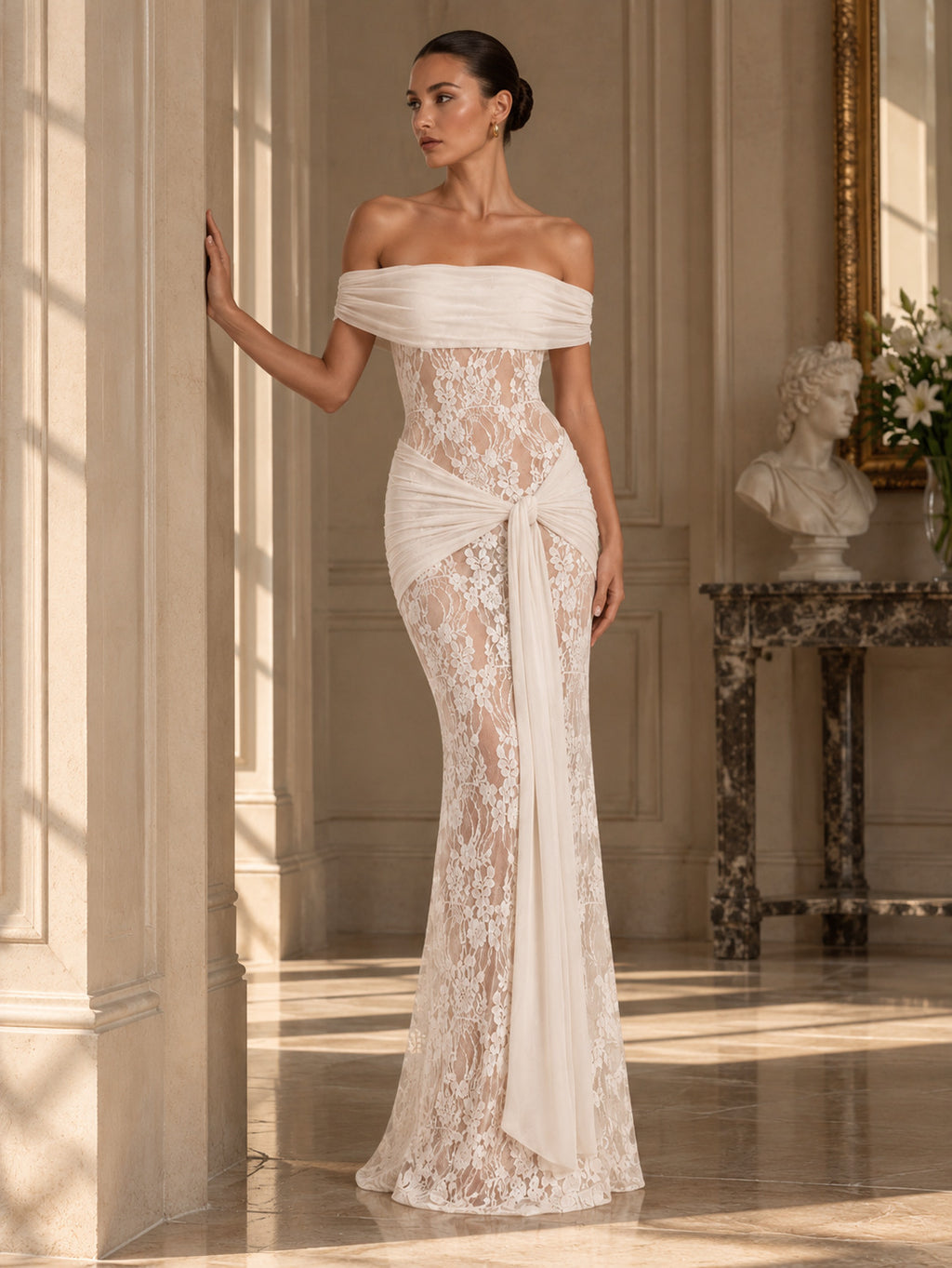 Women’s Romantic Floral Lace Off-Shoulder Short Sleeve Sheath Maxi Dress with Sheer Detail and Draped Sash