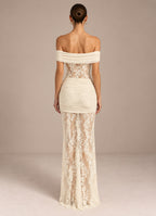 Women’s Romantic Floral Lace Off-Shoulder Short Sleeve Sheath Maxi Dress with Sheer Detail and Draped Sash