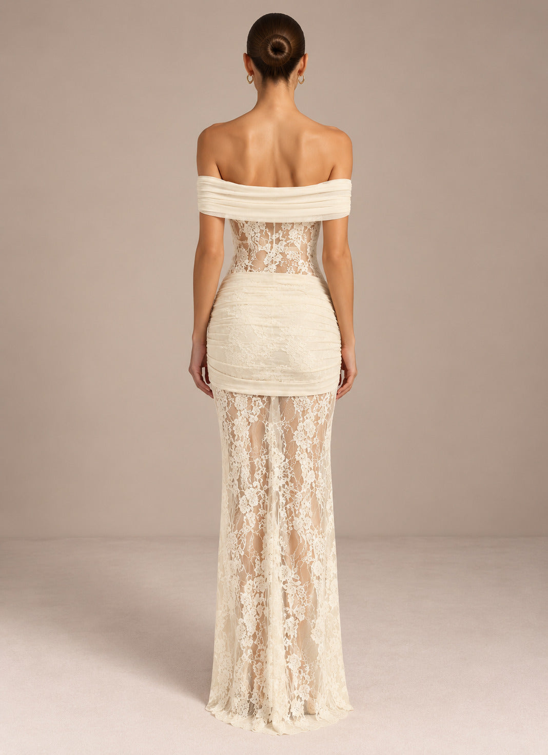 Women’s Romantic Floral Lace Off-Shoulder Short Sleeve Sheath Maxi Dress with Sheer Detail and Draped Sash