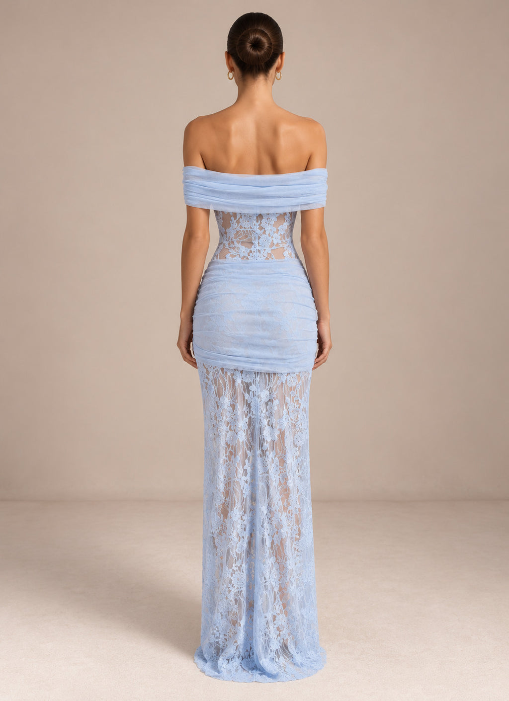 Women’s Romantic Floral Lace Off-Shoulder Short Sleeve Sheath Maxi Dress with Sheer Detail and Draped Sash
