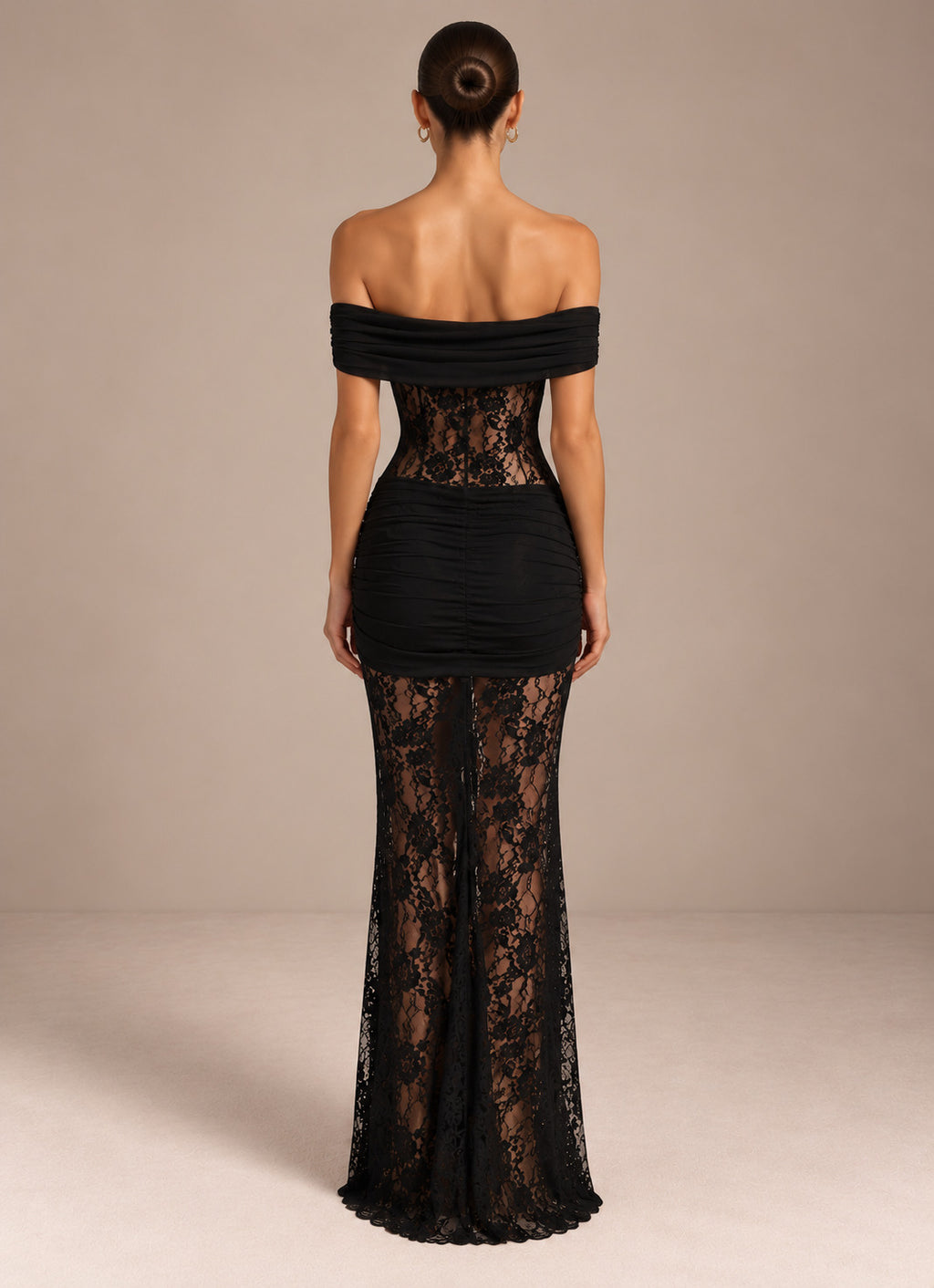 Women’s Romantic Floral Lace Off-Shoulder Short Sleeve Sheath Maxi Dress with Sheer Detail and Draped Sash