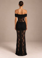 Women’s Romantic Floral Lace Off-Shoulder Short Sleeve Sheath Maxi Dress with Sheer Detail and Draped Sash