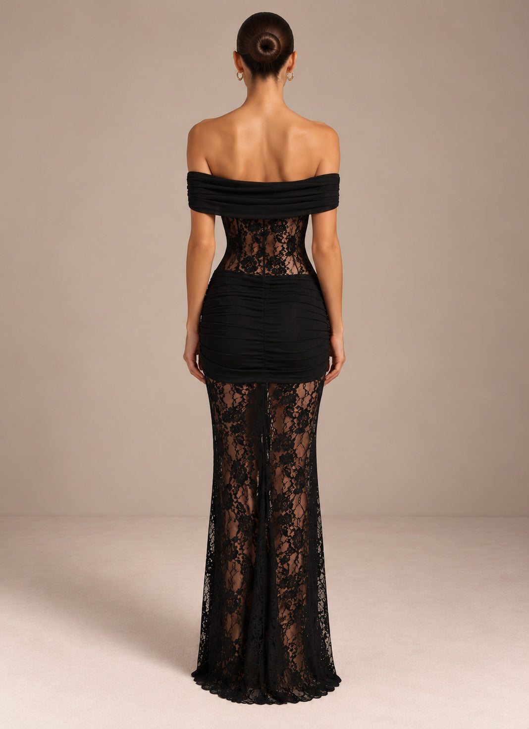 Women’s Romantic Floral Lace Off-Shoulder Short Sleeve Sheath Maxi Dress with Sheer Detail and Draped Sash