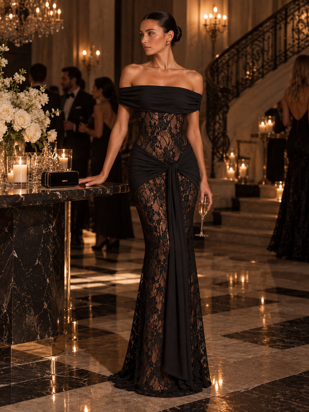 Women’s Romantic Floral Lace Off-Shoulder Short Sleeve Sheath Maxi Dress with Sheer Detail and Draped Sash