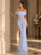 Women’s Romantic Floral Lace Off-Shoulder Short Sleeve Sheath Maxi Dress with Sheer Detail and Draped Sash