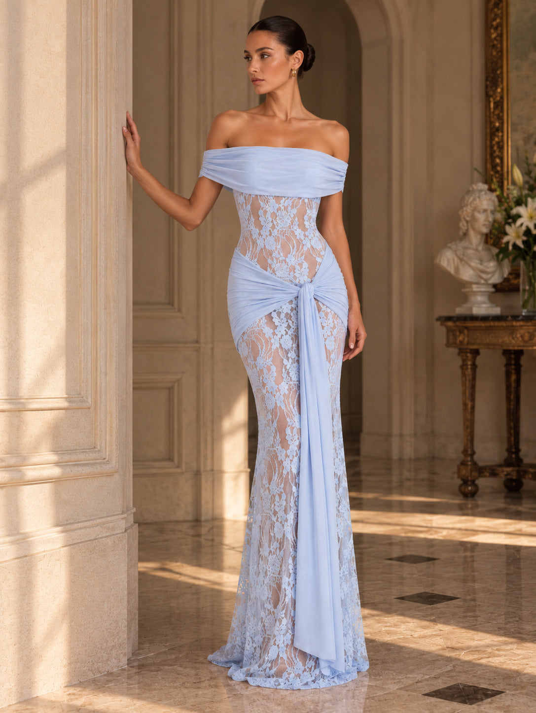 Women’s Romantic Floral Lace Off-Shoulder Short Sleeve Sheath Maxi Dress with Sheer Detail and Draped Sash