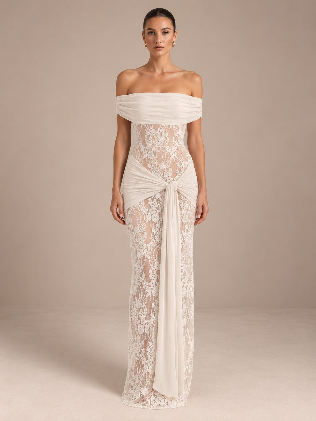 Women’s Romantic Floral Lace Off-Shoulder Short Sleeve Sheath Maxi Dress with Sheer Detail and Draped Sash