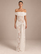 Women’s Romantic Floral Lace Off-Shoulder Short Sleeve Sheath Maxi Dress with Sheer Detail and Draped Sash