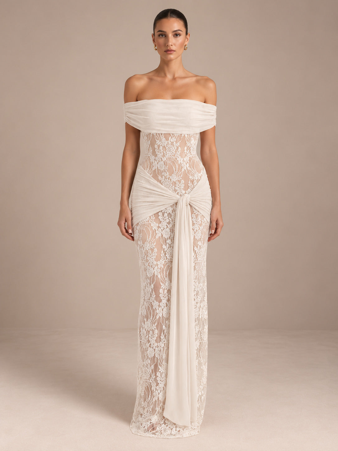 Women’s Romantic Floral Lace Off-Shoulder Short Sleeve Sheath Maxi Dress with Sheer Detail and Draped Sash