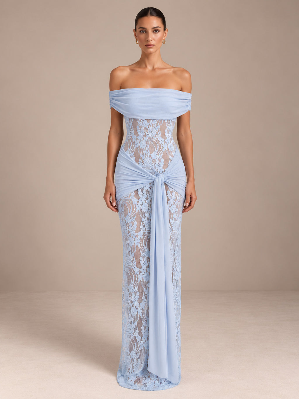 Women’s Romantic Floral Lace Off-Shoulder Short Sleeve Sheath Maxi Dress with Sheer Detail and Draped Sash