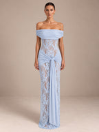 Women’s Romantic Floral Lace Off-Shoulder Short Sleeve Sheath Maxi Dress with Sheer Detail and Draped Sash