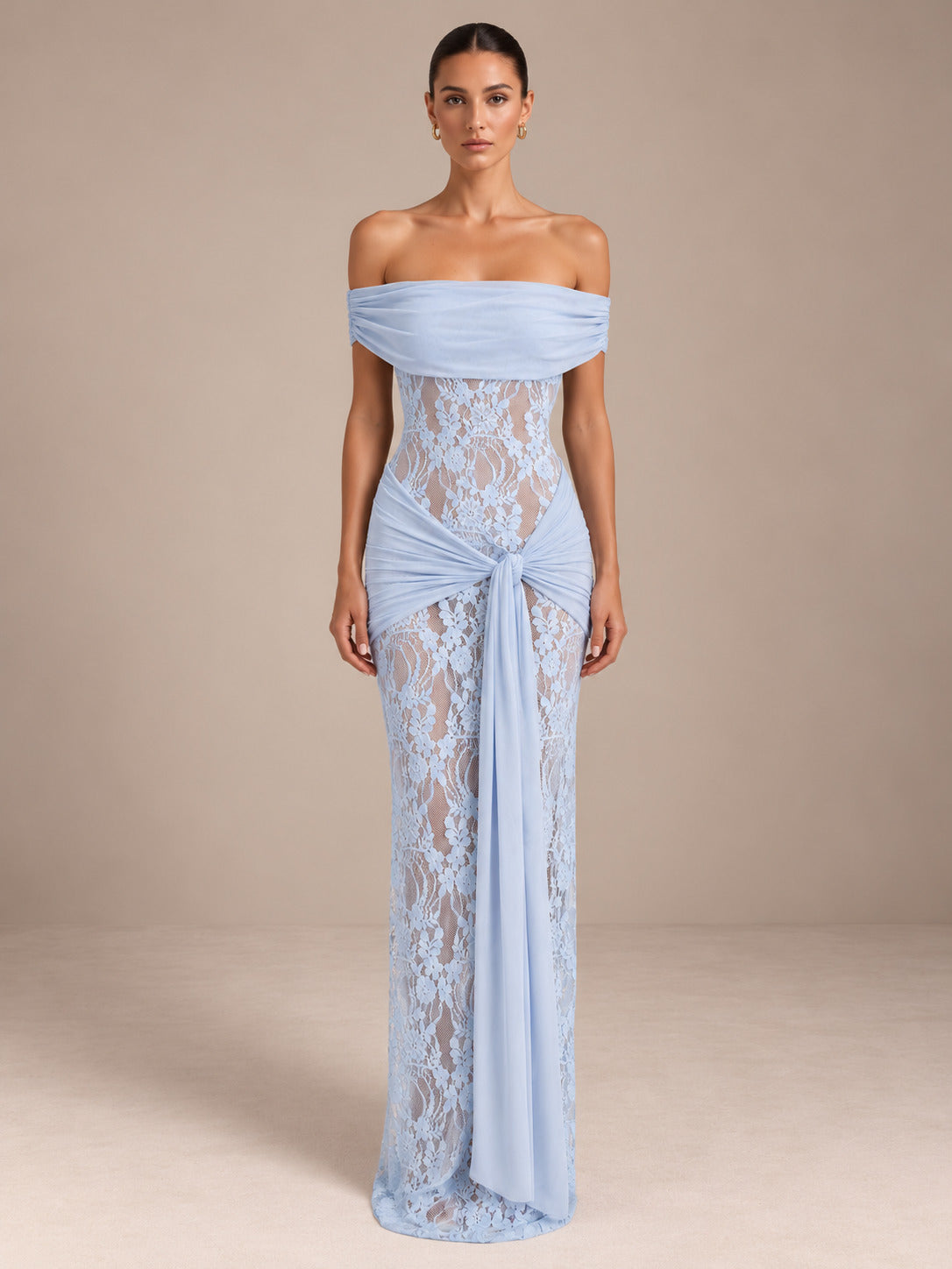 Women’s Romantic Floral Lace Off-Shoulder Short Sleeve Sheath Maxi Dress with Sheer Detail and Draped Sash