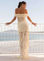 Women’s Romantic Floral Lace Off-Shoulder Short Sleeve Sheath Maxi Dress with Sheer Detail and Draped Sash