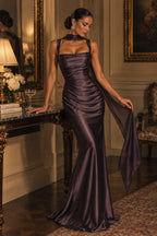 Women's Elegant Satin Square Neck Spaghetti Strap Ruched Corset Sheath Maxi Evening Dress with Lace-Up Back