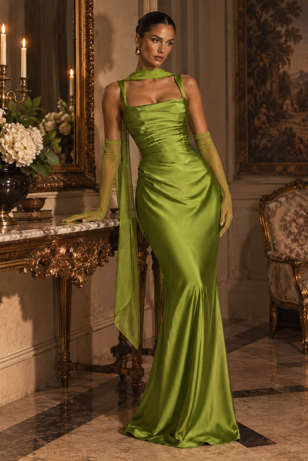 Women's Elegant Satin Square Neck Spaghetti Strap Ruched Corset Sheath Maxi Evening Dress with Lace-Up Back