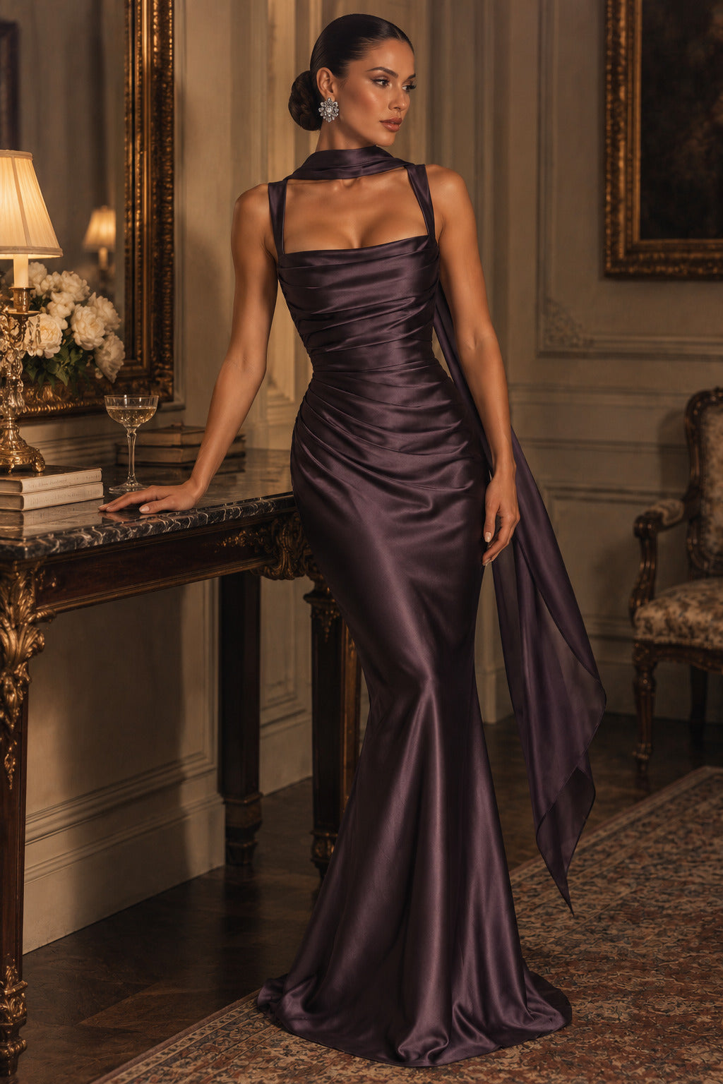 Women's Elegant Satin Square Neck Spaghetti Strap Ruched Corset Sheath Maxi Evening Dress with Lace-Up Back