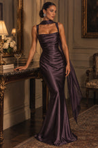 Women's Elegant Satin Square Neck Spaghetti Strap Ruched Corset Sheath Maxi Evening Dress with Lace-Up Back