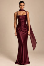 Women's Elegant Satin Square Neck Spaghetti Strap Ruched Corset Sheath Maxi Evening Dress with Lace-Up Back