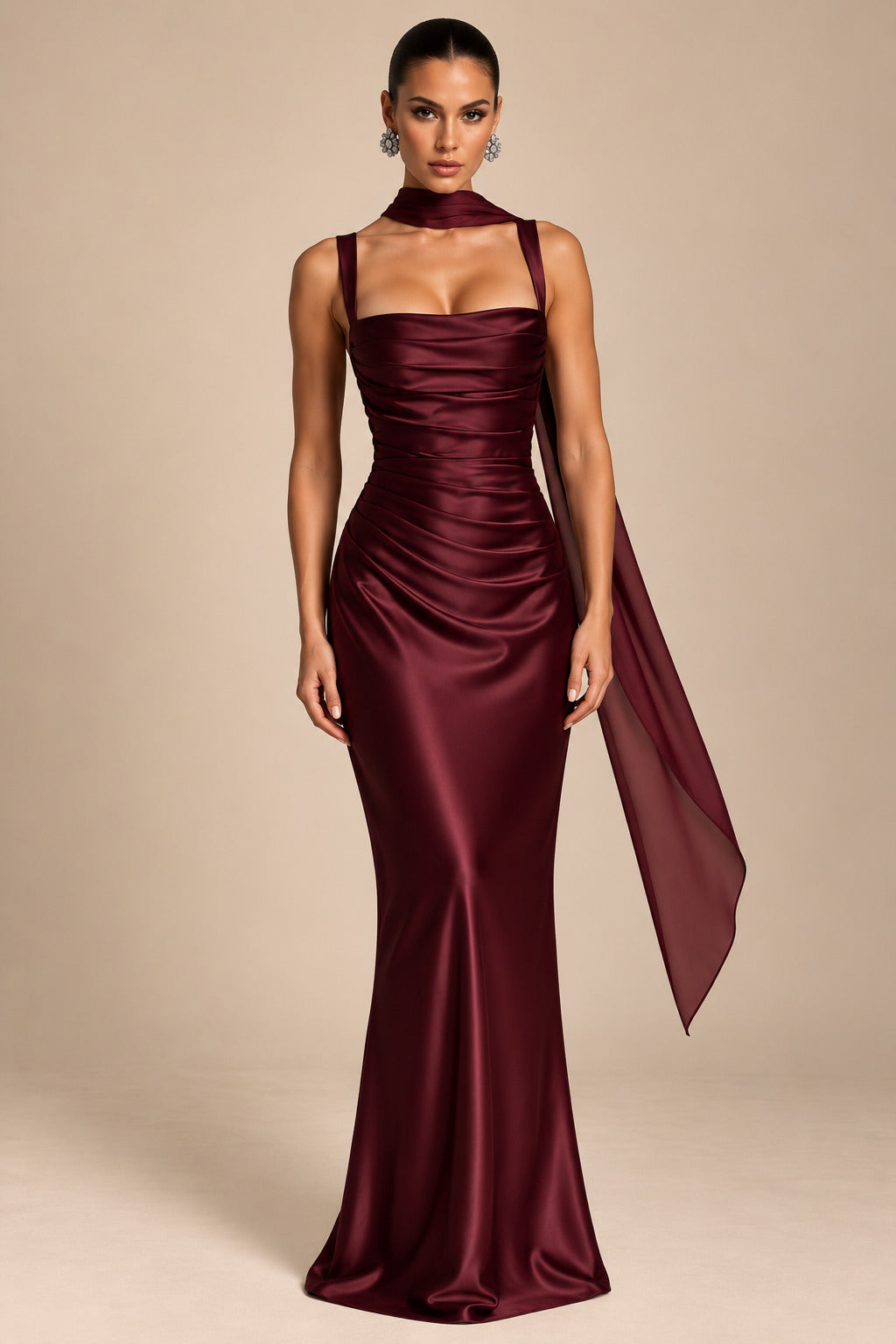 Women's Elegant Satin Square Neck Spaghetti Strap Ruched Corset Sheath Maxi Evening Dress with Lace-Up Back