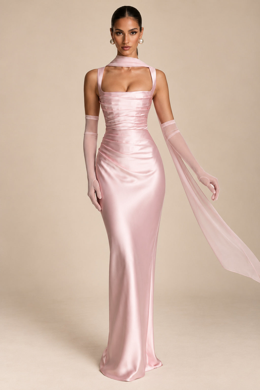 Women's Elegant Satin Square Neck Spaghetti Strap Ruched Corset Sheath Maxi Evening Dress with Lace-Up Back