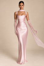 Women's Elegant Satin Square Neck Spaghetti Strap Ruched Corset Sheath Maxi Evening Dress with Lace-Up Back