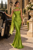 Women's Elegant Satin Square Neck Spaghetti Strap Ruched Corset Sheath Maxi Evening Dress with Lace-Up Back