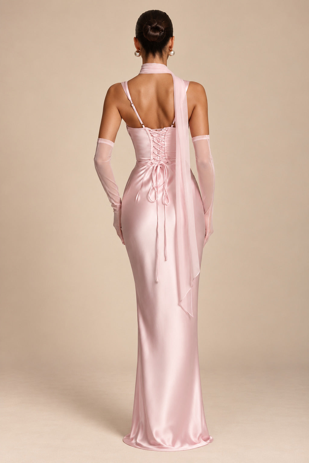 Women's Elegant Satin Square Neck Spaghetti Strap Ruched Corset Sheath Maxi Evening Dress with Lace-Up Back