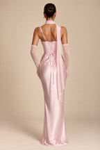 Women's Elegant Satin Square Neck Spaghetti Strap Ruched Corset Sheath Maxi Evening Dress with Lace-Up Back