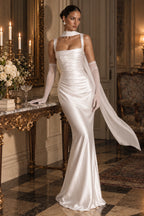 Women's Elegant Satin Square Neck Spaghetti Strap Ruched Corset Sheath Maxi Evening Dress with Lace-Up Back