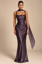 Women's Elegant Satin Square Neck Spaghetti Strap Ruched Corset Sheath Maxi Evening Dress with Lace-Up Back
