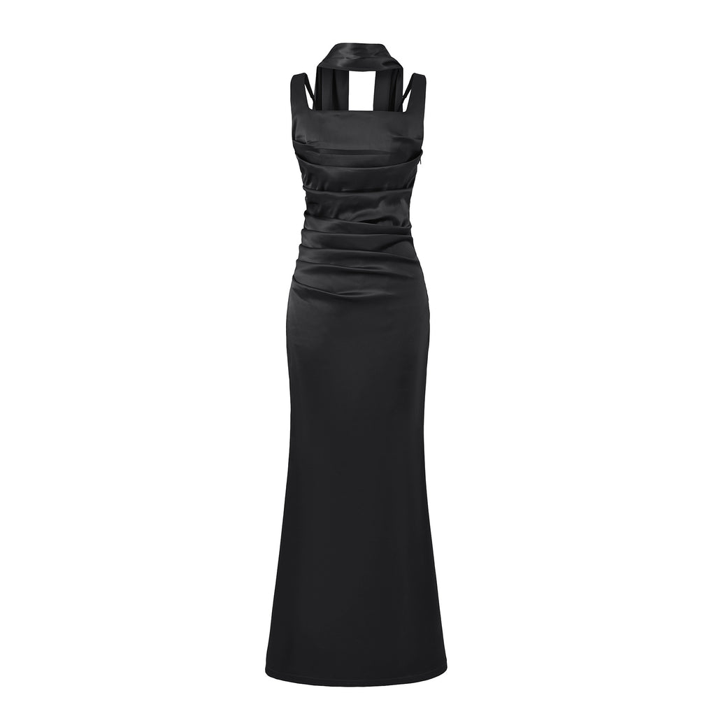 Women's Elegant Satin Square Neck Spaghetti Strap Ruched Corset Sheath Maxi Evening Dress with Lace-Up Back