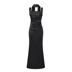 Women's Elegant Satin Square Neck Spaghetti Strap Ruched Corset Sheath Maxi Evening Dress with Lace-Up Back