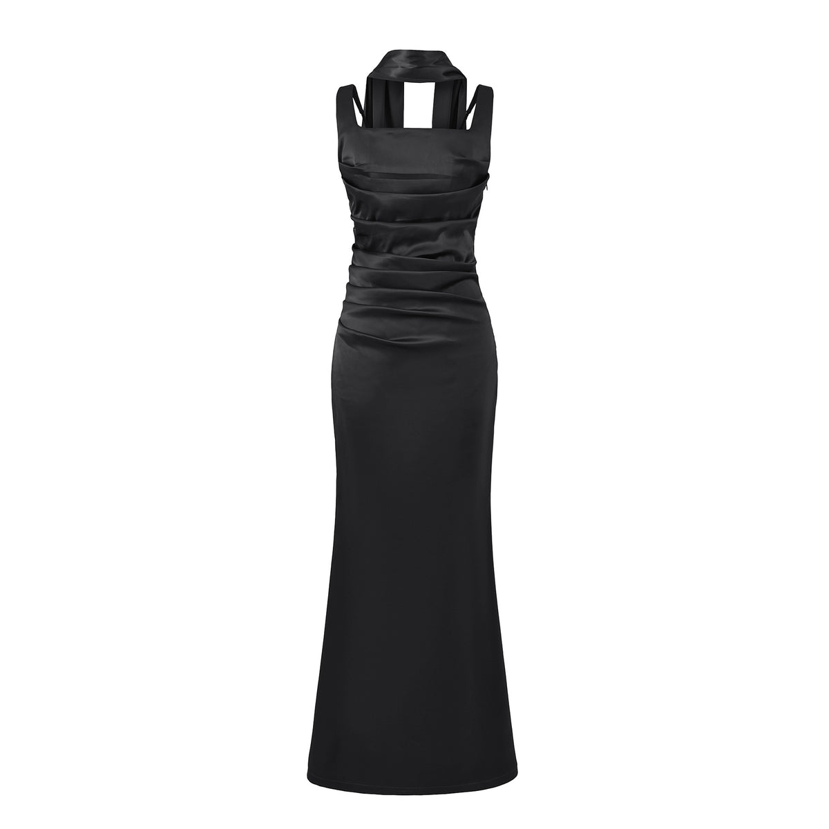 Women's Elegant Satin Square Neck Spaghetti Strap Ruched Corset Sheath Maxi Evening Dress with Lace-Up Back