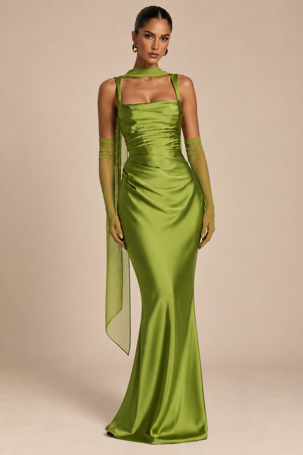 Women's Elegant Satin Square Neck Spaghetti Strap Ruched Corset Sheath Maxi Evening Dress with Lace-Up Back