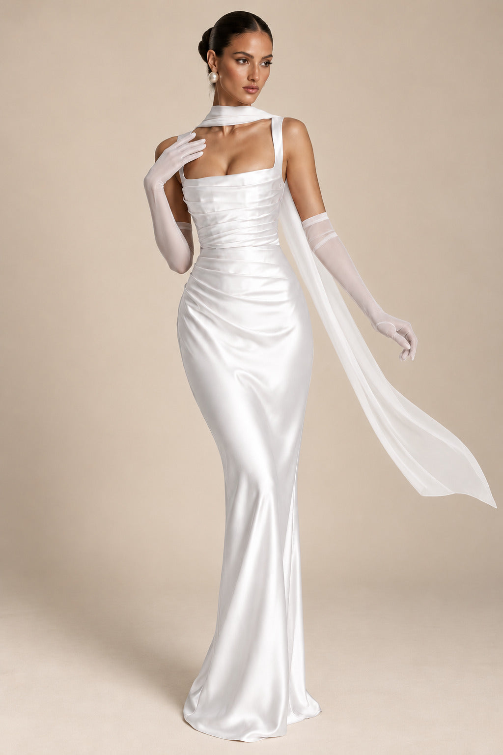 Women's Elegant Satin Square Neck Spaghetti Strap Ruched Corset Sheath Maxi Evening Dress with Lace-Up Back
