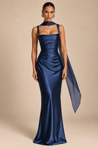 Women's Elegant Satin Square Neck Spaghetti Strap Ruched Corset Sheath Maxi Evening Dress with Lace-Up Back