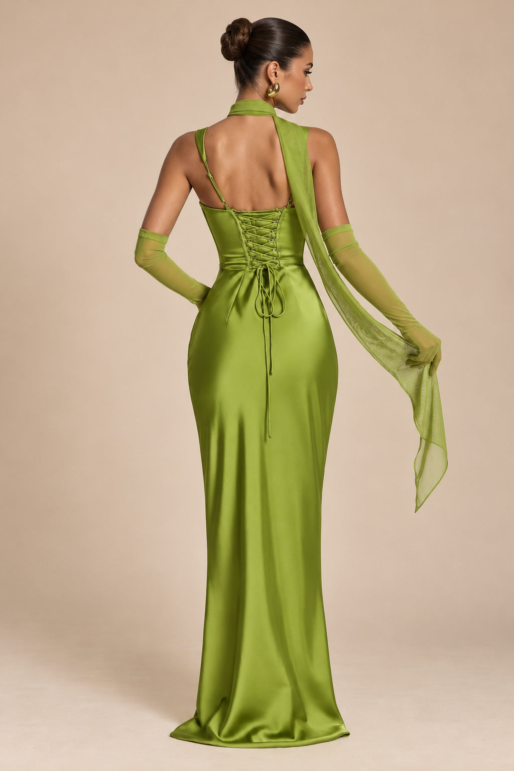 Women's Elegant Satin Square Neck Spaghetti Strap Ruched Corset Sheath Maxi Evening Dress with Lace-Up Back