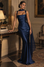 Women's Elegant Satin Square Neck Spaghetti Strap Ruched Corset Sheath Maxi Evening Dress with Lace-Up Back