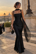 Women's Elegant Satin Square Neck Spaghetti Strap Ruched Corset Sheath Maxi Evening Dress with Lace-Up Back