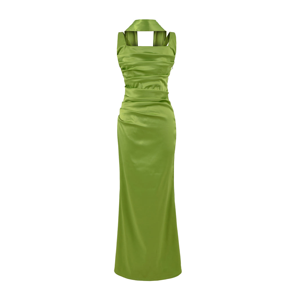 Women's Elegant Satin Square Neck Spaghetti Strap Ruched Corset Sheath Maxi Evening Dress with Lace-Up Back