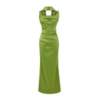 Women's Elegant Satin Square Neck Spaghetti Strap Ruched Corset Sheath Maxi Evening Dress with Lace-Up Back