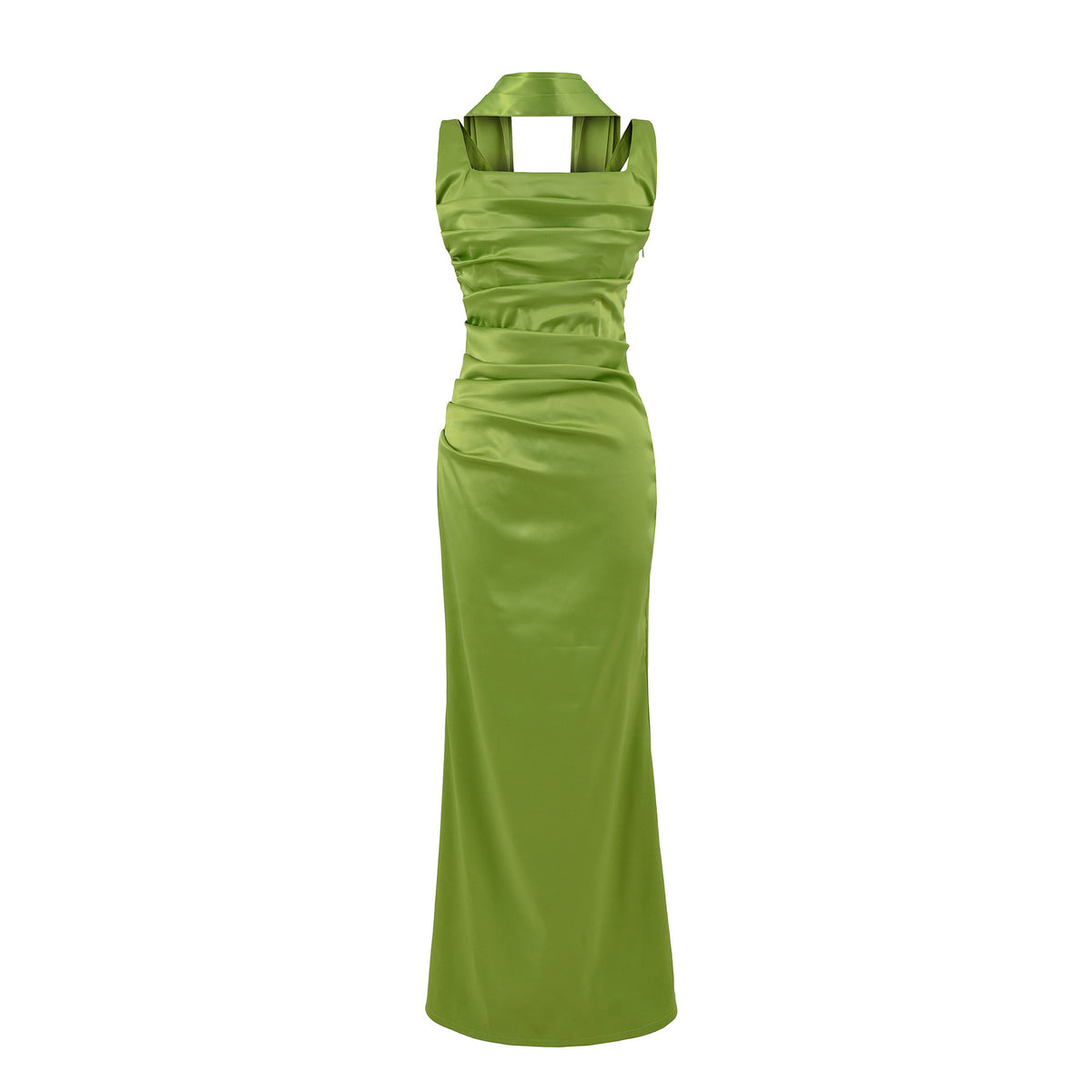 Women's Elegant Satin Square Neck Spaghetti Strap Ruched Corset Sheath Maxi Evening Dress with Lace-Up Back